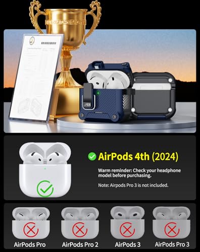 Image of Pohgelan for AirPods 4 Case with Safety Lock-Dark Blue | Carbon Fiber Texture Cover,Magnetic Automatic Lock with Cleaning Kit&Keychain,Compatible with Magsafe