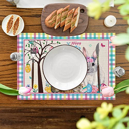 Happy Easter Placemats Set Of 4,Colorful Plaid Easter Bunny Eggs Place Mats Heat Resistant Waterproof Cloth Placemat For Kitchen Dining Table Spring Easter Party Decorations 12 X 18 Inch #TOP1