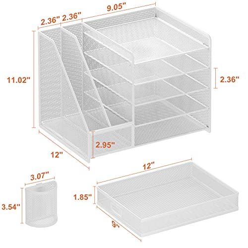 Image of Marbrasse Desk Organiser with File Holder, 5-Tier Paper Letter Tray Organiser with Drawer and 2 Pen Holder, Mesh Desktop Organizer and Storage with Magazine Holder for Office Supplies(White)