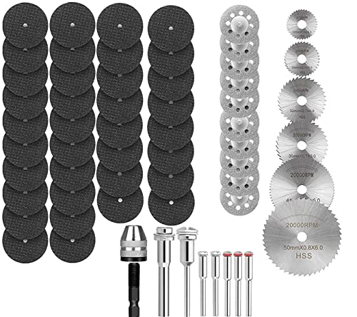 Cutting Wheel Set For Rotary Tool 60 Pcs Compatible With Dremel 426 Fiberglass, Hss Circular Saw Blades, Diamond Cutting Wheels Cut Off Discs 1/8’’ Shank Mandrels Keyless Chuck Included #TOP11