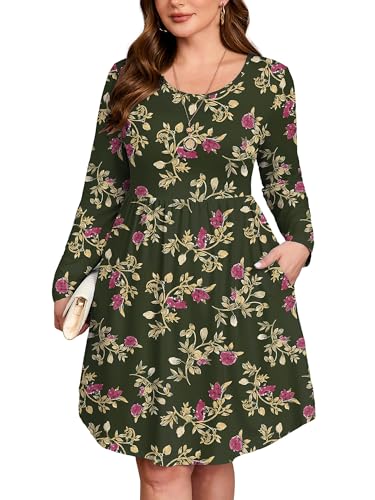 Image of AusLook Women's Plus Size Long Sleeve Midi Dress Casual Empire Waist Loose Flowy Dresses A-Line Boho Long Dress with Pockets