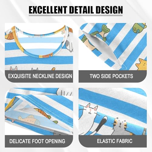 Little Boys Girls Sleepover Pajama Set Cotton 2-Piecing Cozy Pajamas for Big Girls Loungewear 12Y Blue White Striped Cat Fish pijamas de short para nino4