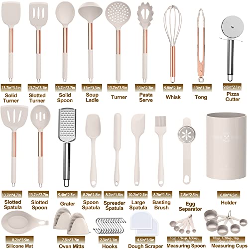 Umite Chef Silicone Kitchen Cooking Utensil Set, 43 Pcs Spatula Utensils Set With Rose Gold Stainless Steel Handle, Non-Stick Heat Resistant - Best Cookware Set-(Khaki) #TOP1