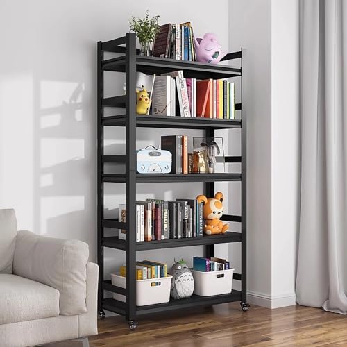 5-Tier Open Adjustable Bookcase with Wheels, 63 inch Tall Heavy Duty Rolling Bookshelf, Freestanding Metal Storage Shelving Unit for Living Room, Home Office, Bedroom, Kitchen, Basement (Black)