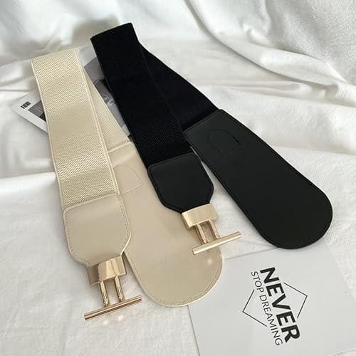 Xwwdp Wide Corset Belt Gold Buckle Nylon Belt For Women Beige Black Coat Dress Waist Belts Elastic Female Waistband (Color : A, Size : One Size) #TOP1