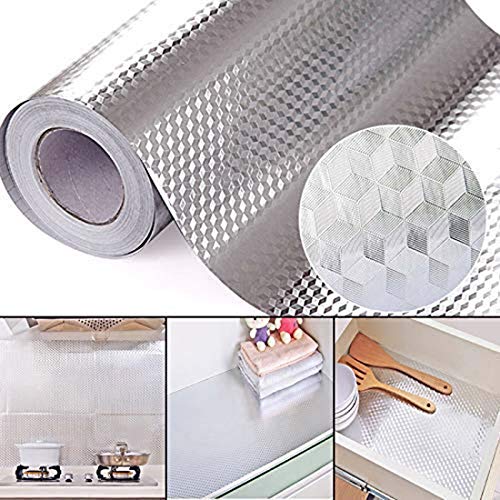 Image of KIRFIZ 2 Meters Aluminium Foil Stickers, Waterproof Sticker Heat Resistant Washable Peel and Stick Aluminum Foil Self-Adhesive Oil Proof Waterproof Kitchen Backsplash Wallpaper Stickers