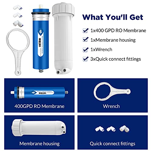 Membrane Solutions 400 Gpd Ro Membrane, Reverse Osmosis Membrane With Membrane Housing, 1/4" Quick-Connect Fittings, Check Valve, Replacement For Under Sink Home Drinking Ro Water Filter System #TOP3