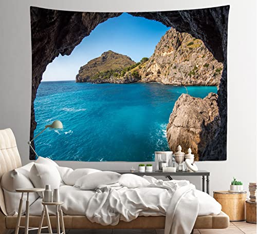 Corfoto 106X70In Fabric Naturel Sea Ocean Coast Tapestry Wall Hanging Cave View Scenery Tapestry Beach Stone Rocks Cave Wall Tapestry Nature Landscape Tapestry For Bedroom Living Room Decor Wallpaper #TOP1