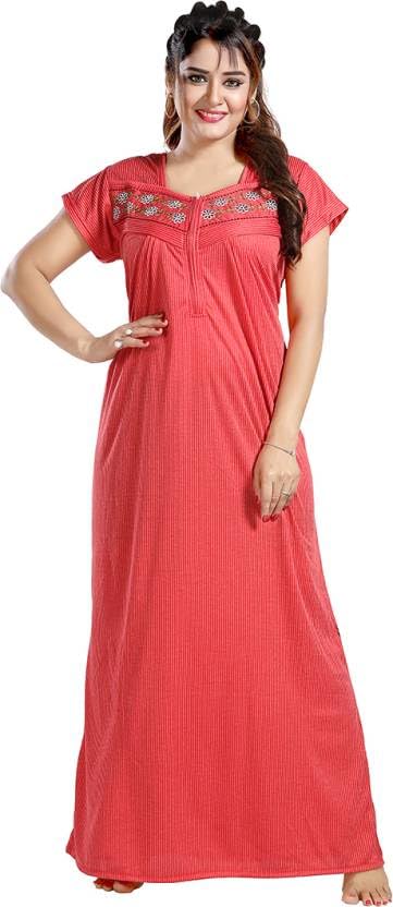 Image of Onekbhalo Women's- Full Sleeves-Feeding- Nursing- Maternity Nighty /Maxi /Gown /Nightdress /Nightwear- Hosiery Cotton Fabric- Floral Print- Embroidery with Zip