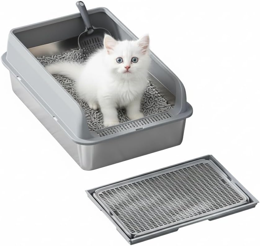 GarveeLife Non-Stick Stainless Steel Litter Box, Side Opening Splash-Proof & Leak-Proof Metal Cat Litter Box with Lid & Double Layer Mat, Easy-Clean & Durable, 6'' Deep Grey