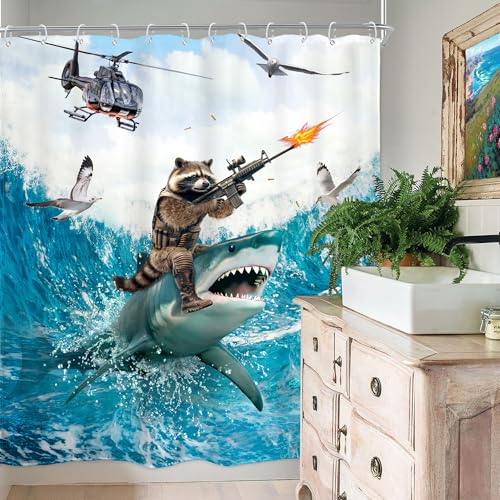 Image of Funny Raccoon Riding Shark Shower Curtain Ocean Waves 60Wx72H Inch Decor