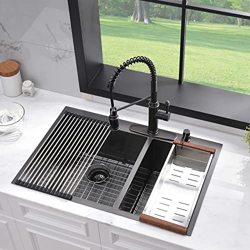 33 Inch Drop In Double Bowl Kitchen Sink Black Stainless Steel-Hachenl 33×22 Top Mount Kitchen Sink 16 Gauge Gunmetal Black Stainless Steel Kitchen Sink 10 Inch Deep 60/40 Double Bowl Kitchen Sink #TOP1