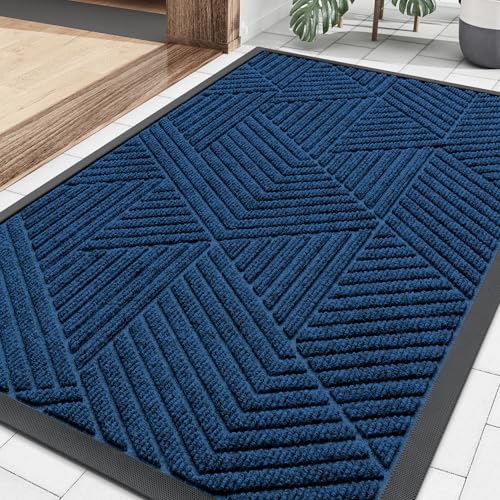 Image of Smiry Front Door Mat Outside Entrance, Low Profile Rubber Doormat, 29.5x17 | Irregular Triangle, Medium Blue, Sturdy Heavy Duty Mat Trap Dirt and Moisture, Easy Clean for Indoor Outdoor Entry