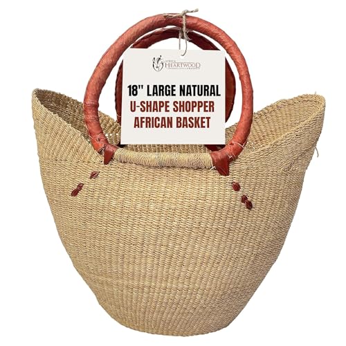 Africa Heartwood Project - Deluxe Large Natural African Shopping Basket with Leather Handle - Classic Heartwood Bolga Market Basket from Women in Bolgatanga, Ghana - 18" U-shape Flat-packed