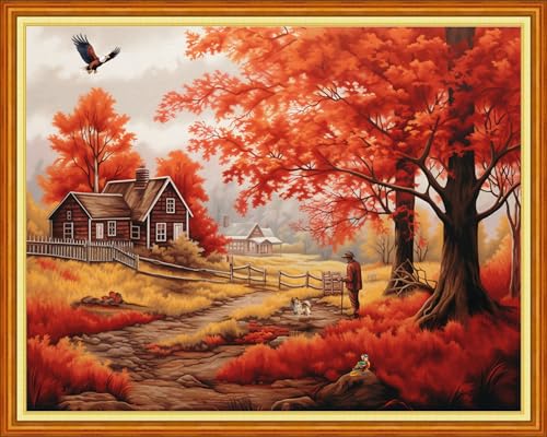Image of Dimxvean Stamped Cross Stitch Kits,Cross Stitch Kits for Adults Beginners,Embroidery Kits Full Range of Cross Stitch Stamped Kits Needlepoint Kits Cross Stitch Patterns-Beauty Late Autumn 16x20 inch