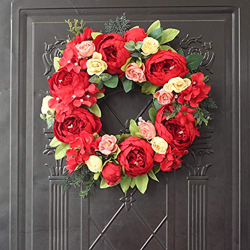 image for SISJULY Artificial Flower Wreath for Front Door Red Peony Faux Floral 