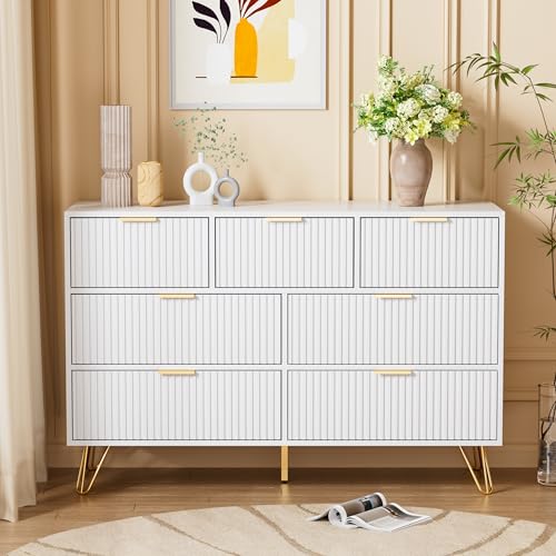 Image of Furniway Dresser for Bedroom, Modern Fluted 47.2 inch Wide Chest of Drawers with Gold Pulls and 7 Drawers, 15.7 inch D x 47.2 inch W x 31.4 inch H, White