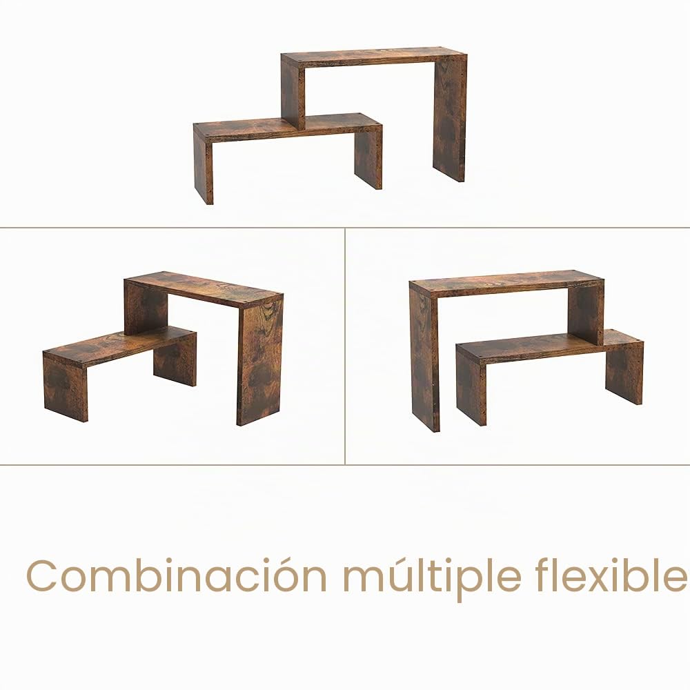VEDECASA 2 estantes de especias apilables y ampliables de esquina para encimera de cocina y despensa, organizador de estilo rústico en madera marrón para almacenamiento en escritorio