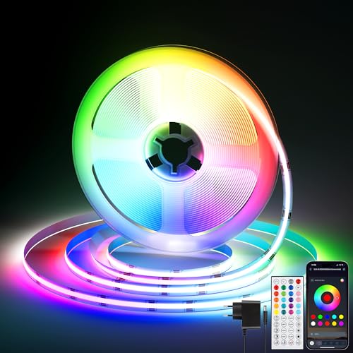 Bande LED COB Bande LED 5 m, Ruban LED avec télécommande et application et synchronisation musicale, Bande LED autocollante à intensité variable 24 V, Éclairage TV LED très lumineux 36 W pour cuisine