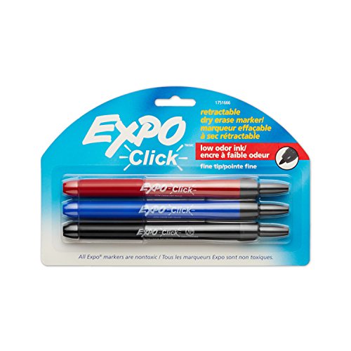 EXPO Click Low-Odor Dry Erase Retractable Markers, Fine Point, Assorted Colors, 3-Count