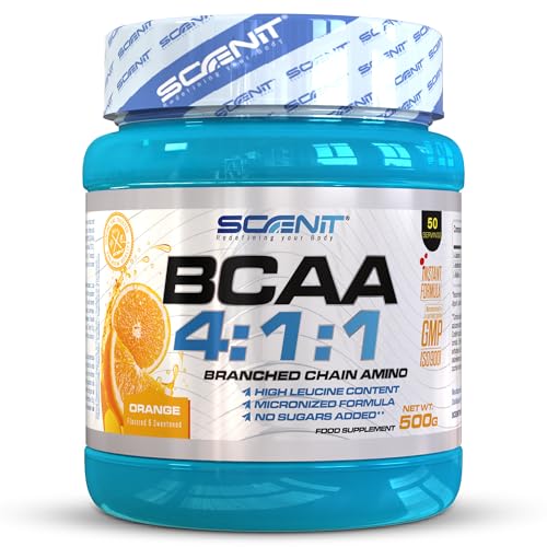 BCAA 4:1:1 | 500 g | Aminoácidos ramificados en polvo con sabor | BCAA en polvo con sabor | Leucina, isoleucina y valina 4:1:1 | Aminoácidos BCAA 4:1:1 en polvo con sabor (Naranja)