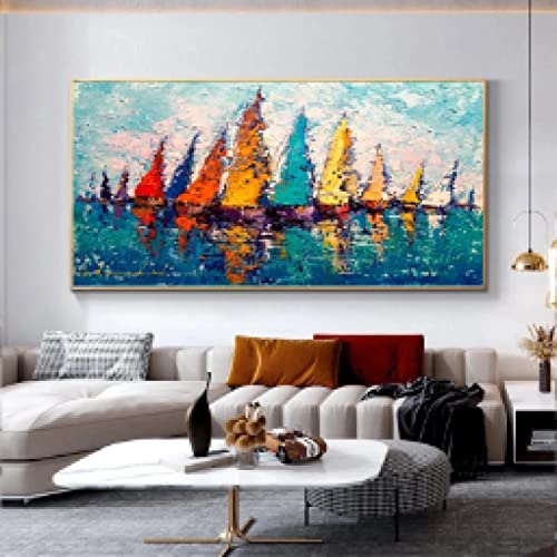 Toile bateau colorée grand format style nordique pour décoration murale