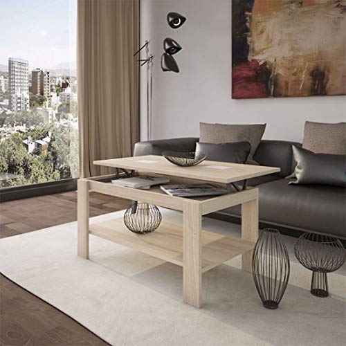 HOGAR24 ES | Mesa de Centro Elevable con Revistero | Color Roble | Cristales Contrastados en Blanco | Medidas: 100 x 50 x 49/57 cm