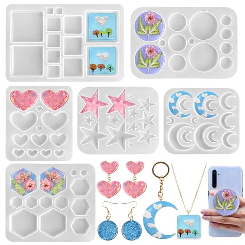 RESINWORLD Multi-Functional Small Silicone Molds Set for Resin, Earrings Resin Molds, Hexagon Round Crescent Moon Pentagram Heart Molds for Keychain Badge Reel Pendant Charm Earrings Jewelry Making