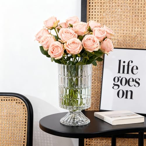 GarDream Pedestal Glass Vase, Textured Crystal Vase for Flowers, Bouquet, Vintage Transparent Vases 6.7 Inch, Decorative Flower Vases for Centerpieces, Dining Table, Home Decor, Office, Wedding, Party