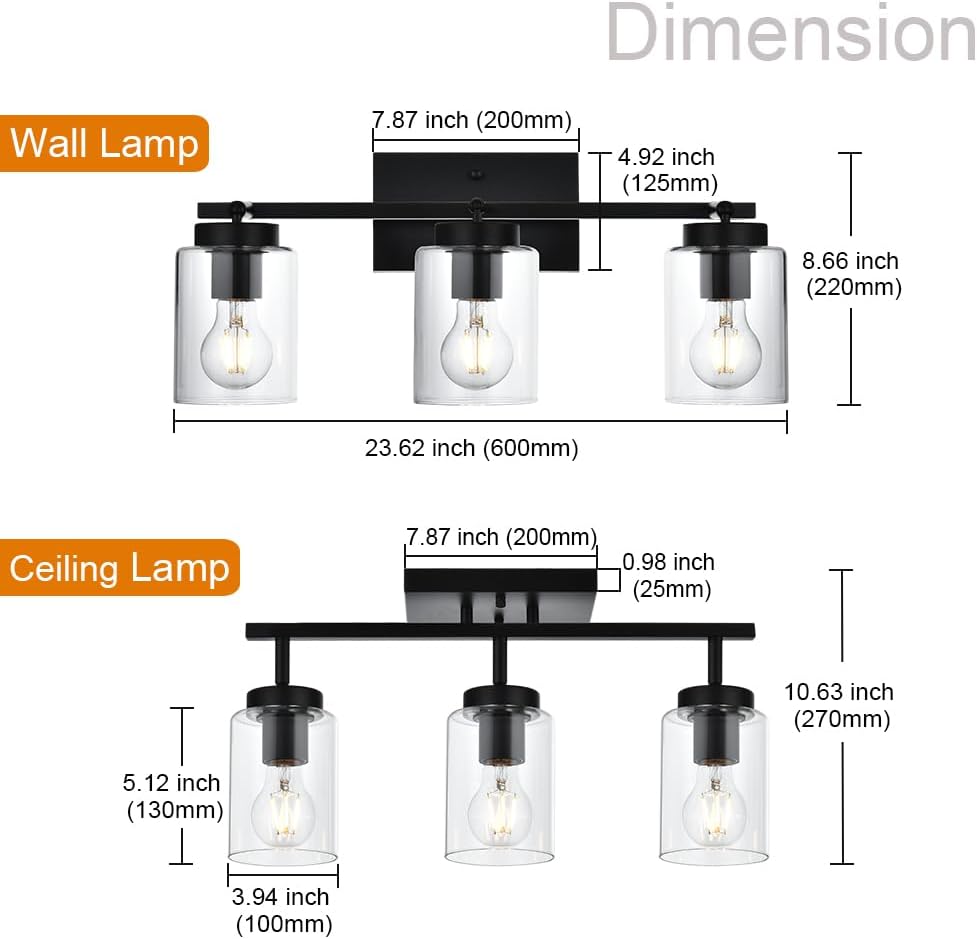 3 Light Bathroom Wall Lighting,Semi Flush Mount Ceiling Light Black Finish Rotatable Track Lighting Kit for Hallway Porch Foyer with Clear Glass Shade