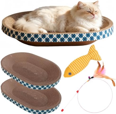 Katzen Kratzer mit Spielzeug, 2er Pack Kratzschale aus Karton, Katzenbett & Kratzbrett in Einer Schüssel, Große Liegemulde zum Krallen wetzen, Möbelschutz mit Catnip Fisch & Feders
