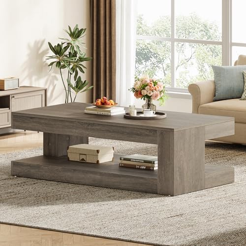 Tribesigns Coffee Table for Living Room, 47.24 Inch Farmhouse 2-Tier Accent Center Tea Cocktail Table with Storage, Elegant Grey, Rectangular
