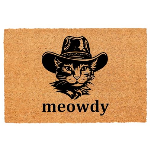 Funny Coir Doormat Welcome Mats with Heavy Duty Front Porch Patio Welcome Mats Entry Natural Coconut Brown Mat Novelty Gift Doormat 23.7 x 15.7 inch (Cat Wearing Cowboy Hat Meowdy)