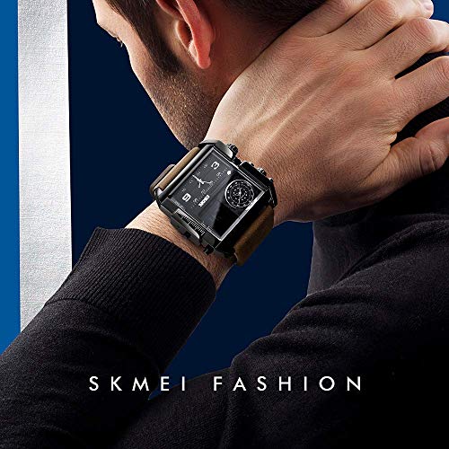Gosasa Men's Square Large Face Digital Sports Watch, Led Analog Quartz Wrist Watch With Multi-Time Zone 50M Waterproof Stopwatch (Black Coffee Belt) #TOP3