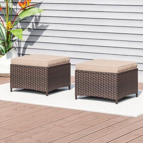 Aoxun 2 Pieces Patio Ottomans, Rattan Wicker Ottoman Seat, Patio Rattan Furniture, Outdoor Footstool, Footrest Seat with Removable Cushions, Beige, 22