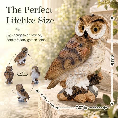 Large Solar Owl Garden Outdoor Statue, IP65 Waterproof Resin Owl Figurines with Built-in LED Lights, Fake Owl Figurine Decorations for Yard Patio Lawn, Housewarming Gifts for Women Mom, Brown — view 4