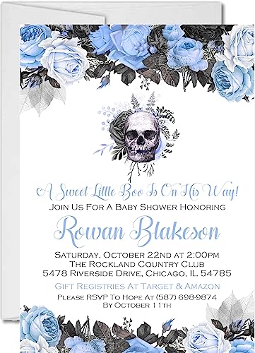 Boys Blue And Black Gothic Skull Halloween Baby Shower Invitations With Envelopes
