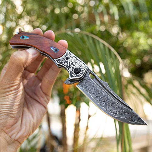 Spirit Deed Handmade Japanese Vg10 Damascus Steel Folding Knife,Rosewood Liner Lock Handle, Leather Sheath,Edc Pocket Knives For Men Outdoors Camping Fishing #TOP5
