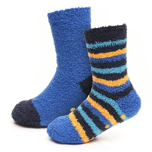 A2Z 4 Kids Boys Cosy Thermal Socks Super Soft Fluffy Slipper Socks Warm Winter Striped Socks - Socks AZ518 Blue 2 Pack 11-14
