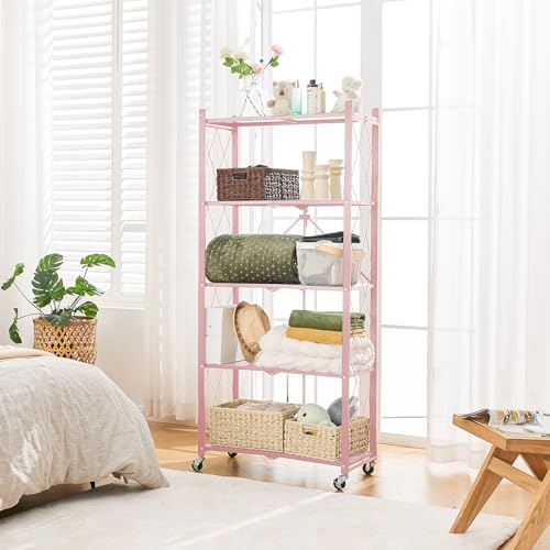 Image of BRIAN & DANY 5-Tier Foldable Storage Shelves with Wheels, Folding Metal Rack Shelving Unit, Heavy Duty No Assembly Organizer Shelf for Garage, Kitchen, Basement, Pantry, Pink