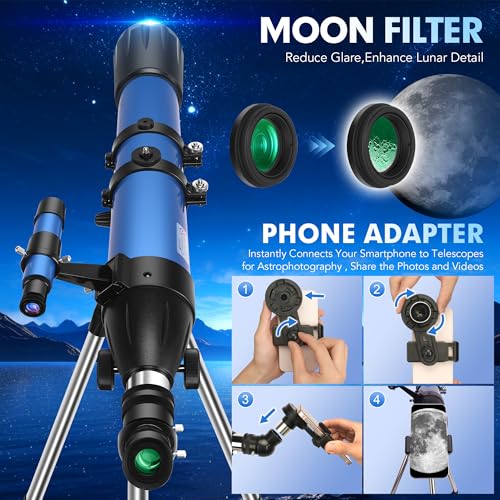 MEEZAA Teleskop, Teleskop Astronomie Profi für Erwachsene, 90mm Blende 800mm AZ Mount Astronomisches Refraktor Teleskope für Kinder Anfänger mit Stativ, Telefon Adapter, Tragetasche und Mondfilter