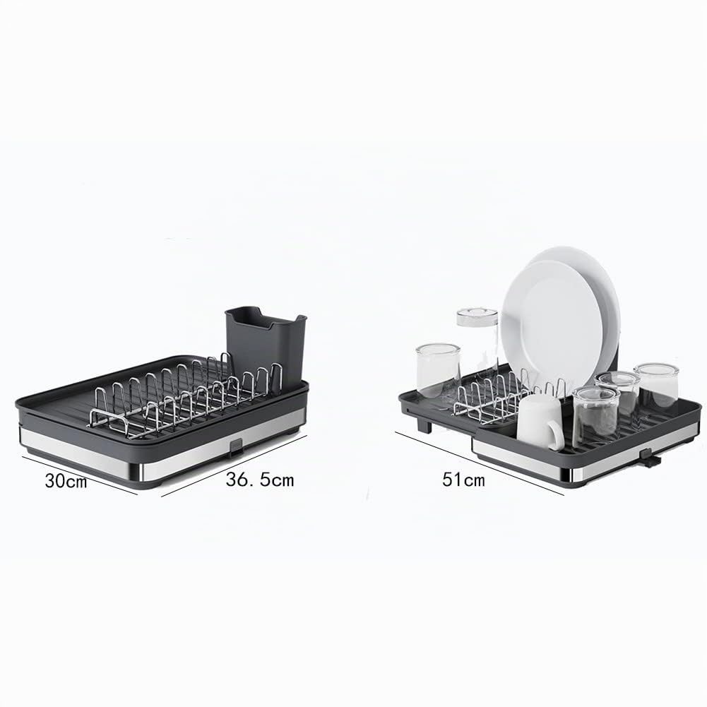 Escurridor Extensible en Acero Inoxidable para Platos y Cubiertos(30cm-51 cm), con Soporte para Utensilios, Portavasos, Estante De Secado De Platos para Mostrador De Cocina (Negro)