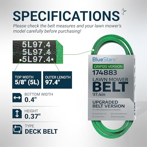 Image of [Upgraded Grip120] BlueStars 174883 Mower Deck Drive Belt 5 /8 inch x 97.4 inch | Drive Belt Fits 42 inch Deck Husqvarna YTH1542XP YTH1542 532174883 531300767 Craftsman Poulan Jonsered Lawn Mowers Aramid Cord