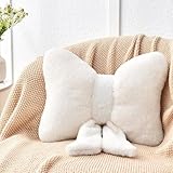 Pink Bow Pillow,Bow Shaped Pillow with Faux Rabbit Fur,Soft Bow Throw Pillows Aesthetic Decorative Pillows for Bed Sofa Couch Home Decor (White, 12 Inch)
