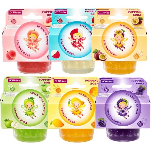 ODivine Popping Boba 6 Pack 130g Assorted Flavour Ready to Use Fruit Popping Pearls for Bubble Tea Drinks Desserts & Cocktails - Lychee Grape Peach Mango Green Apple & Passion