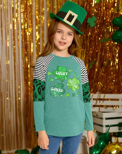 Image of BesserBay Girls St Patrick's Day Raglan Shirt Irish Sequin Lucky Stripe Shamrock Graphic Top 4-14 Years
