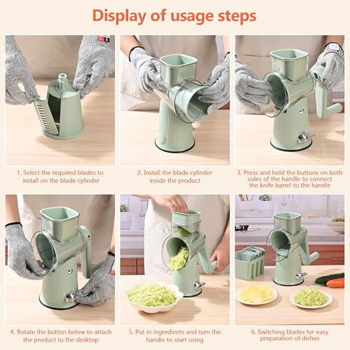 Image of Cheese Grater With Hand Crank Countertop For Kitchen，Grater Shredder With Handle For Kitchen Rotating，Vegetable Slicer，Nuts Grinder Cheese Shredder with Clean Brush(3 Blades Matcha Color)