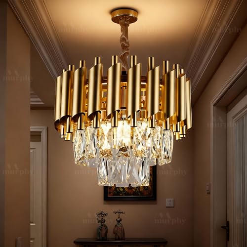 Image of Murphy Radiance 300mm Golden Crystal Pendant Light | Modern Round Ceiling Chandelier for Living Room, Bedroom & Hall (Antique Gold, 3-in-1 LED Plate - Warm White, Natural White, Cool White)