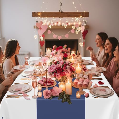 Image of Smiry Plastic Table Cloth Disposable 5 Pack, 54 x 108 Inch Rectangle Waterproof Tablecloth, Printed Gold Table Runner Style for Birthday Weeding, Party Decorations, Leakproof & Sturdy, White and Navy