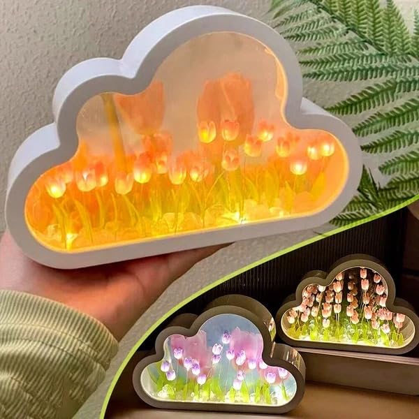 Image of Tulip Night Light Cloud Mirror Light Finished Product Decorative Night Lamp Bedside Table Lamp Bedroom Livingroom Destop Decor Handmade Craft Girls Birthday Christmas Gift - Blue